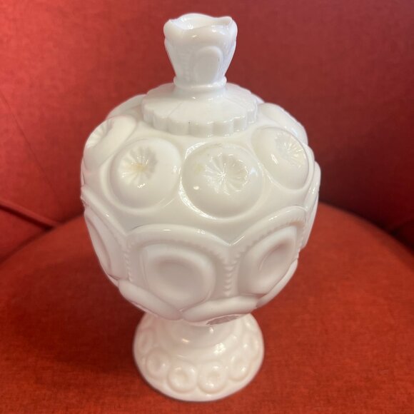 Vintage Moon and Stars Milk Glass Compote Jar with Lid - LE Smith 1960s - Picture 12 of 14